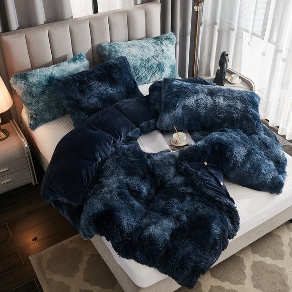 Shaggy Fluffy Faux Fur Duvet Cover Set Button Closure Velvety Bedding Se…